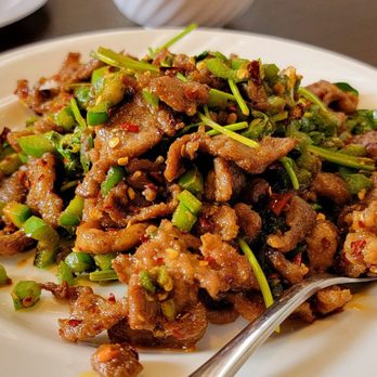 House of Three Gorges signature dishes Peppercorn Jumping Fish, Cumin Lamb, Mapo Tofu, Dry Pot Spicy Pork Intestines. 